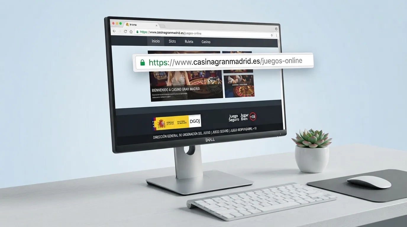 Detalle de la barra de direcciones de un navegador mostrando el dominio .es de un casino online regulado junto al candado de seguridad, con el logotipo de la DGOJ visible en el pie de página del sitio