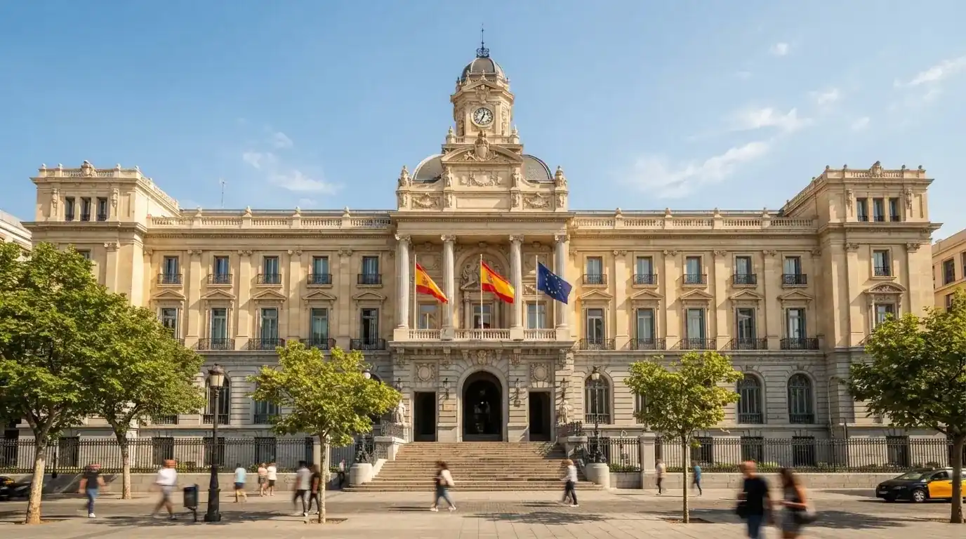 Fachada del Ministerio de Derechos Sociales, Consumo y Agenda 2030 en Madrid, donde tiene su sede la DGOJ, con la bandera de España y de la UE