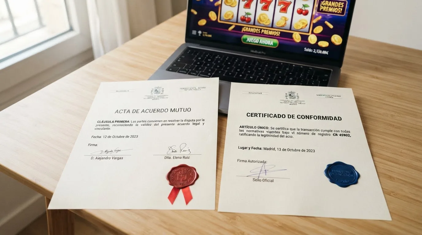 Dos documentos oficiales de licencia de juego — uno con el escudo de Gibraltar y otro con el de la DGOJ española — colocados uno junto al otro sobre una mesa, con un portátil abierto detrás