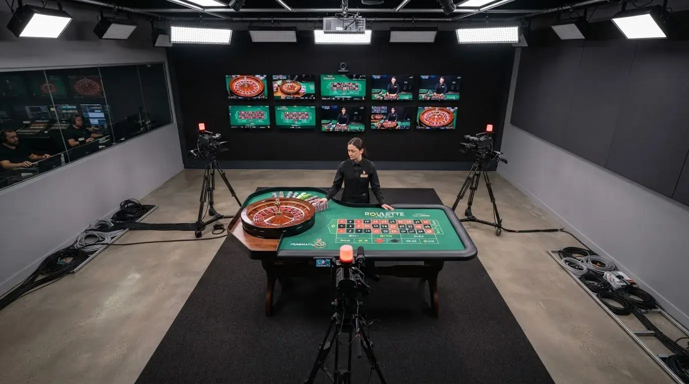 Interior de un estudio de casino en vivo: crupier profesional frente a una mesa de ruleta, rodeado de cámaras, monitores y equipo de streaming
