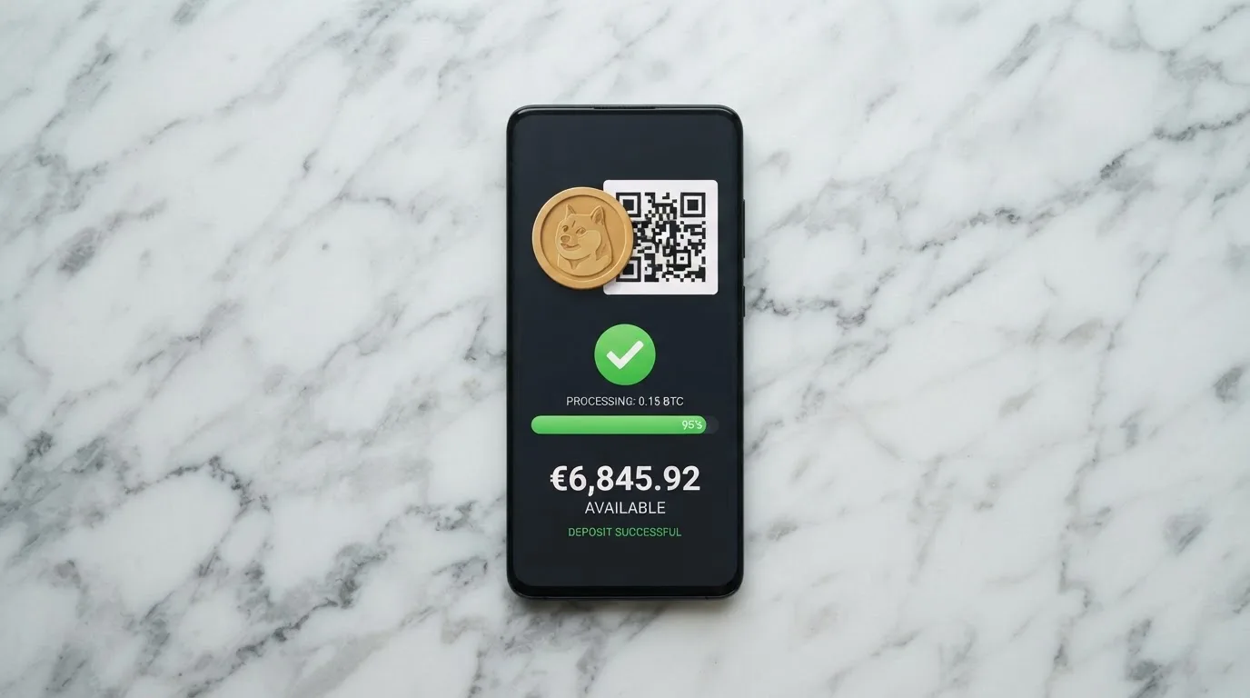 Una flecha que conecta el símbolo de Dogecoin (Ð) con la interfaz de cajero de un casino online, mostrando los pasos: walet, QR, confirmación y saldo en pantalla