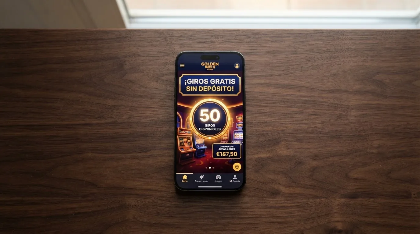 Interfaz de casino online español con una oferta destacada de giros gratis sin depósito, mostrando el contador de tiradas disponibles y las ganancias acumuladas