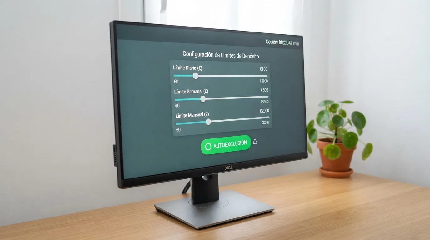 Un panel de control de juego responsable en la pantalla de un ordenador con deslizadores de límite de depósito, un botón de autoexclusión y un reloj de sesión visibles, sobre un fondo limpio de tonos verdes