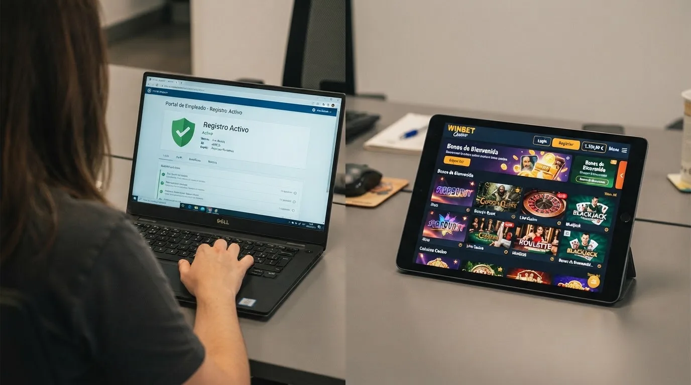 Pantalla dividida: a la izquierda el portal del RGIAJ con el texto «Autoexclusión activa», a la derecha un casino offshore con el mensaje «Acceso permitido»