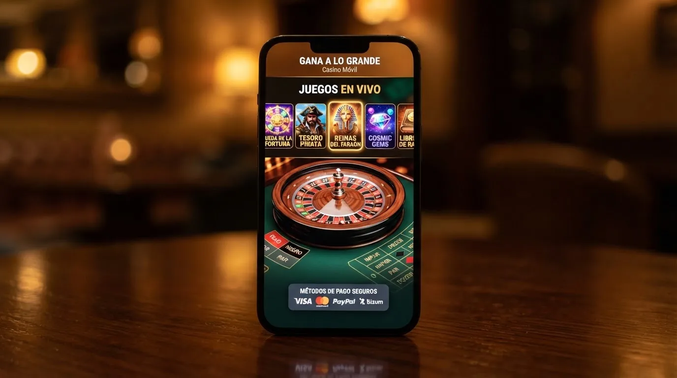 La interfaz de un casino online con licencia DGOJ mostrando una cuadrícula de tragaperras y mesas de ruleta en vivo, con el icono de Visa visible entre los métodos de pago aceptados