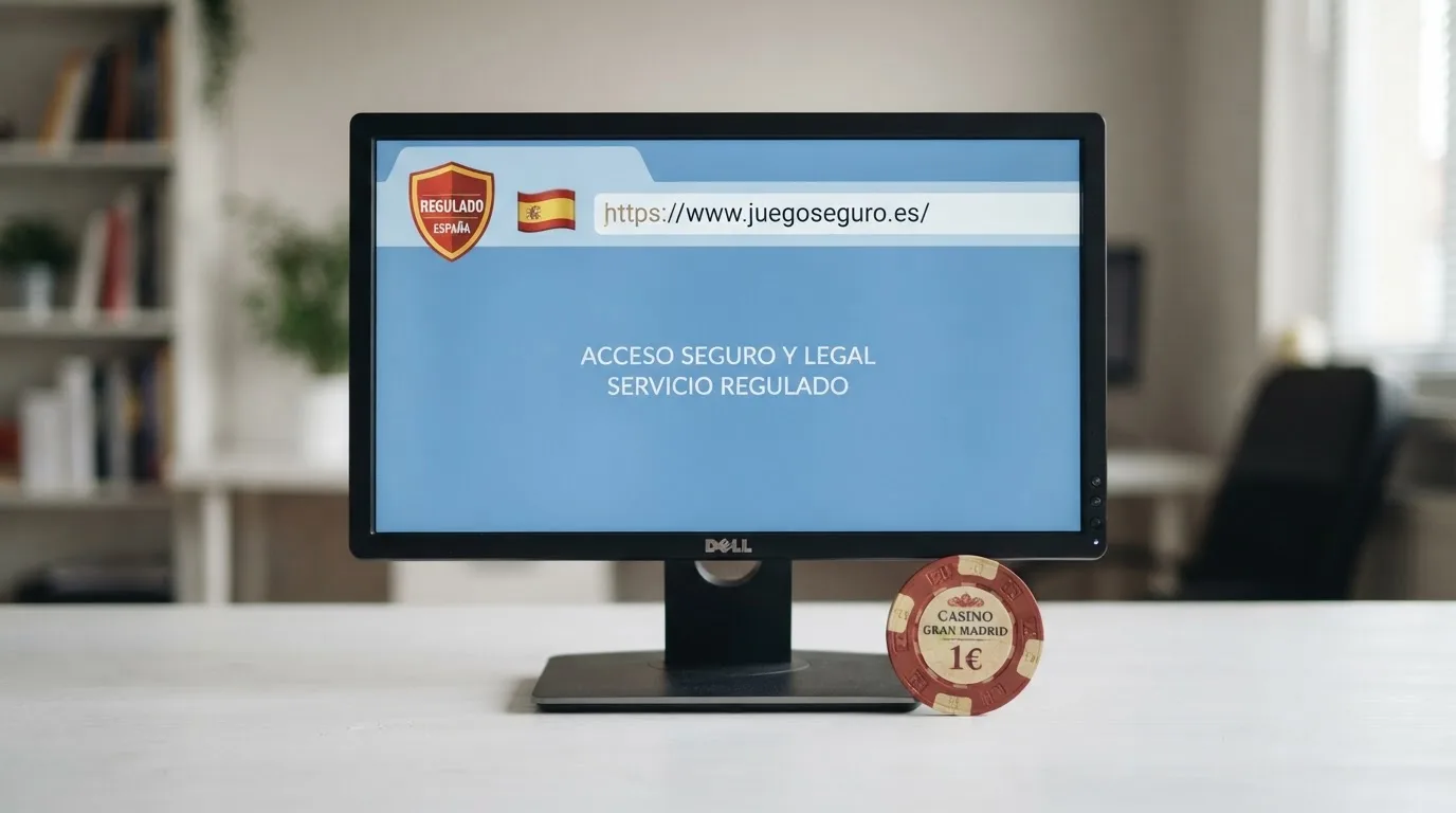 Sello oficial de la DGOJ junto a la bandera de España y un dominio .es en la barra de direcciones de un navegador