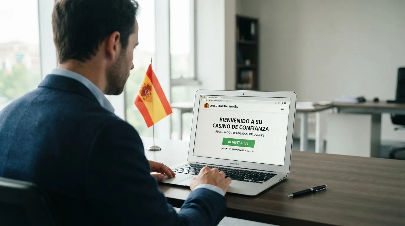 El sello de la Dirección General de Ordenación del Juego sobre la fachada de un edificio institucional, con la bandera de España y el dominio .es visibles