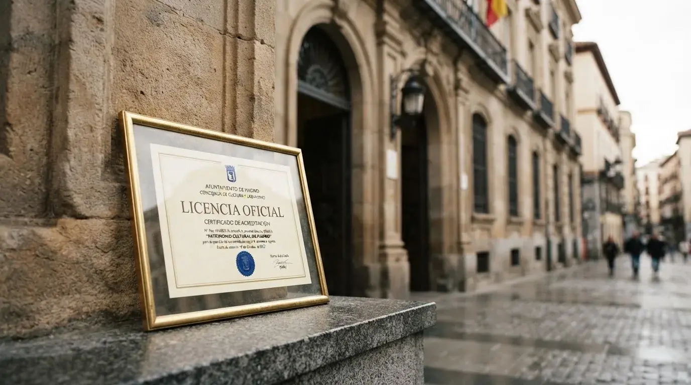 Detalle de un certificado o sello de licencia de la DGOJ junto a la fachada de un edificio institucional español, transmitiendo regulación y control.
