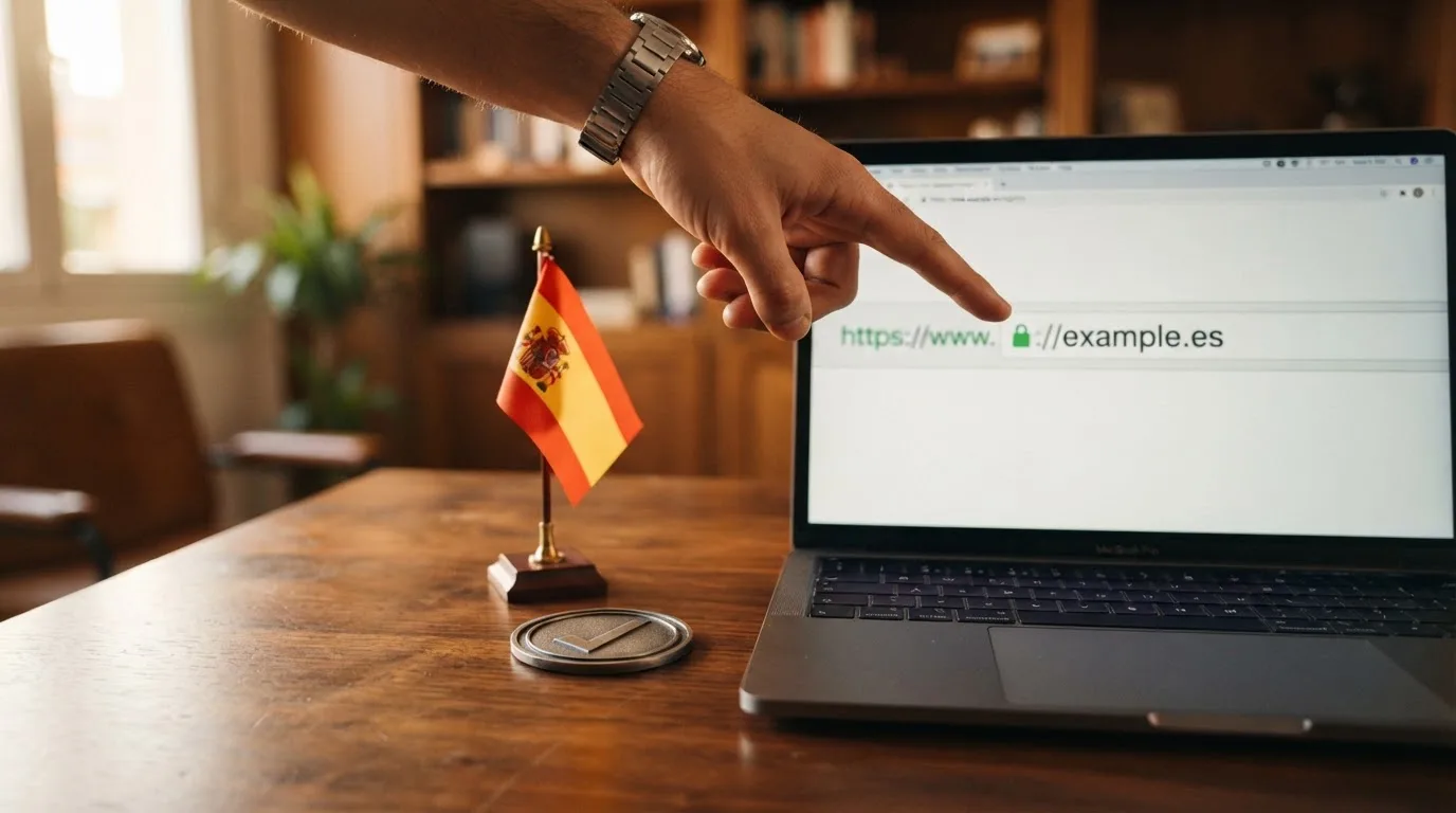 El sello oficial de la DGOJ junto a la bandera de España y una lupa sobre la barra de direcciones de un navegador que muestra un dominio .es