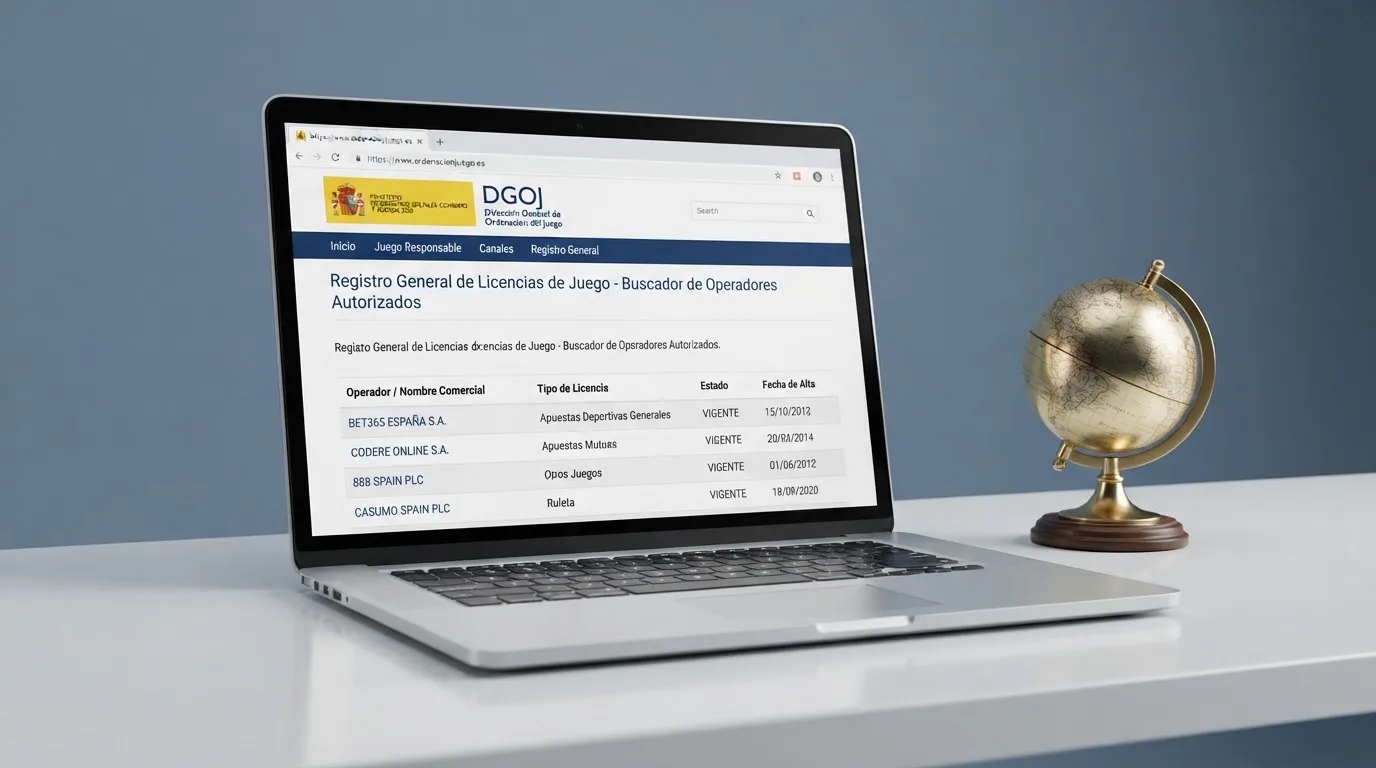 Captura parcial del registro oficial de la DGOJ con el dominio ordenacionjuego.es visible y la bandera de la UE junto al logotipo del ministerio
