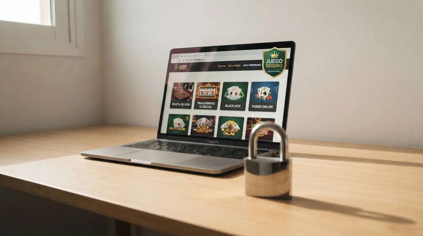 Sello oficial de la DGOJ y candado de seguridad sobre la pantalla de un casino online con dominio .es