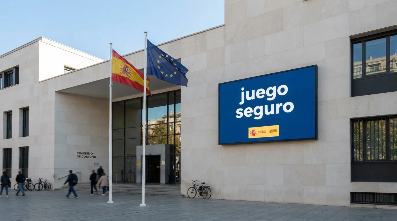 La fachada de un edificio institucional con la bandera de España y la de la UE, junto a una pantalla que muestra el logo de la DGOJ y el texto «juego seguro» en castellano