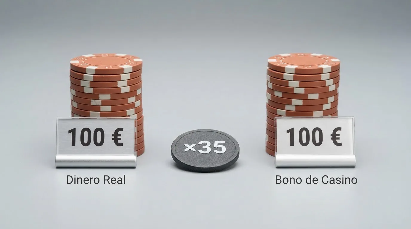 Infografía que desglosa un depósito de 100 € igualado al 100 %: saldo real, saldo de bono, tope máximo y rollover