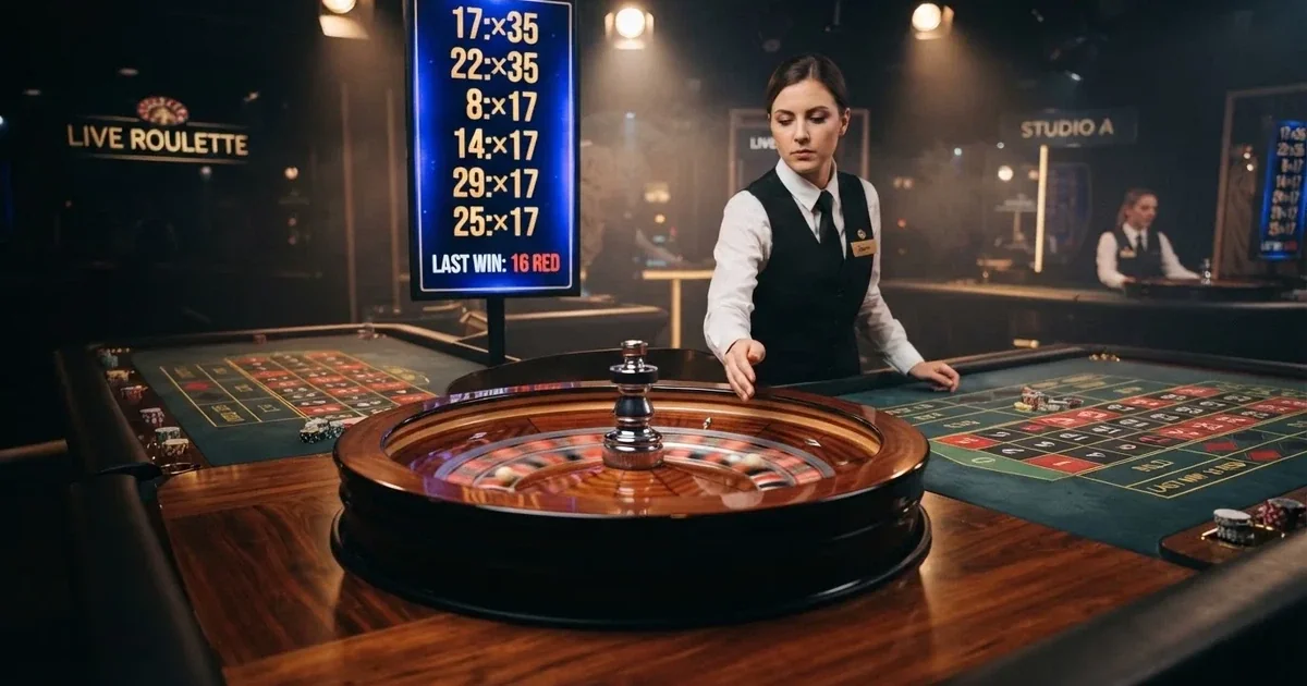 Mesa de ruleta en vivo con crupier real de Evolution Gaming y pantalla de multiplicadores Lightning iluminada en primer plano