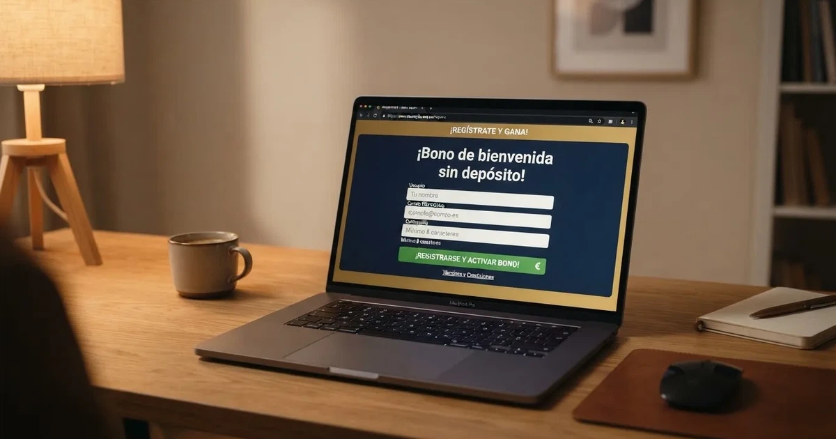 Interfaz de un casino online español con licencia DGOJ mostrando una oferta de bono sin depósito en la pantalla de registro, con el dominio .es visible en la barra del navegador.