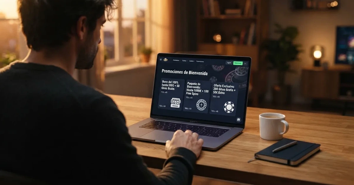 Pantalla con promociones de casino online mostrando bonos de bienvenida, giros gratis y condiciones de rollover en la interfaz de un operador con licencia española