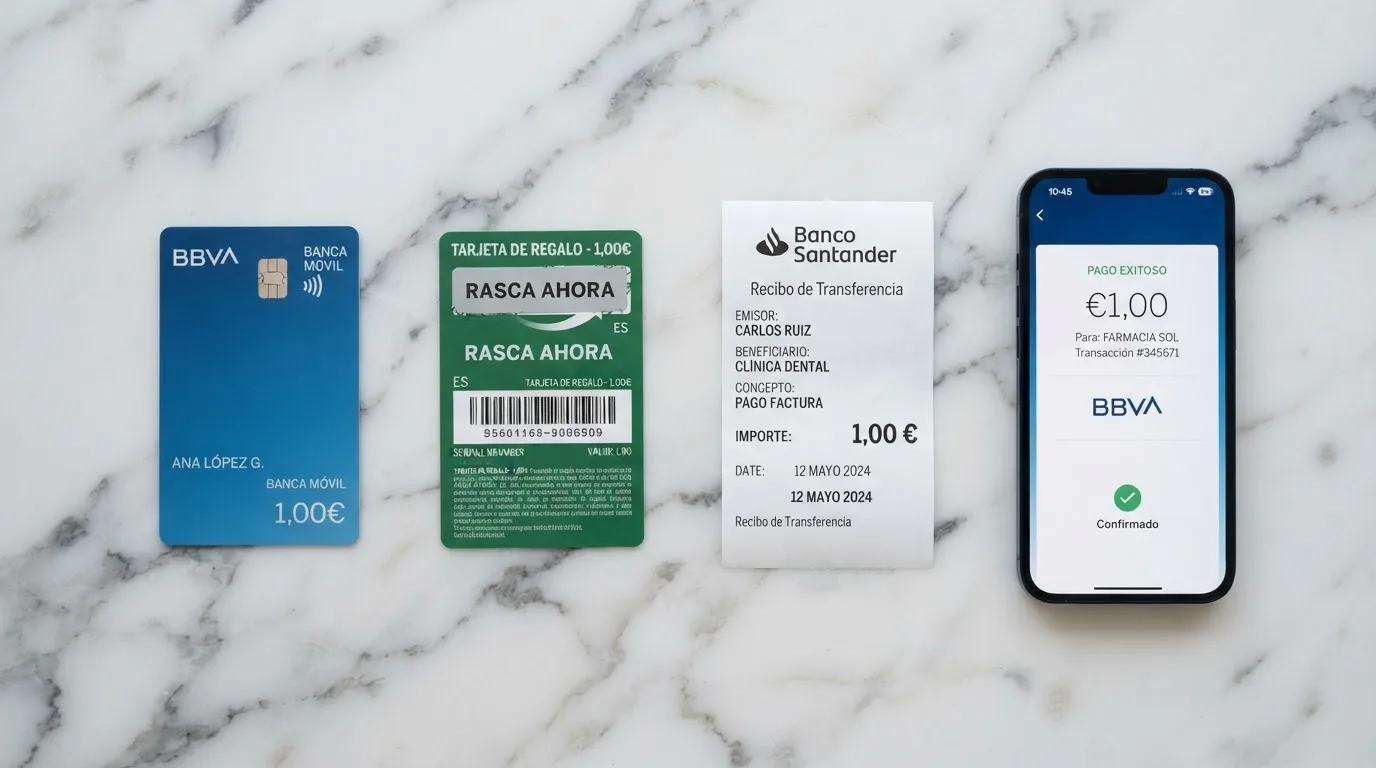 Comparativa visual de métodos de pago — Bizum, tarjeta bancaria, Paysafecard y transferencia — con el importe de 1 euro destacado en cada uno