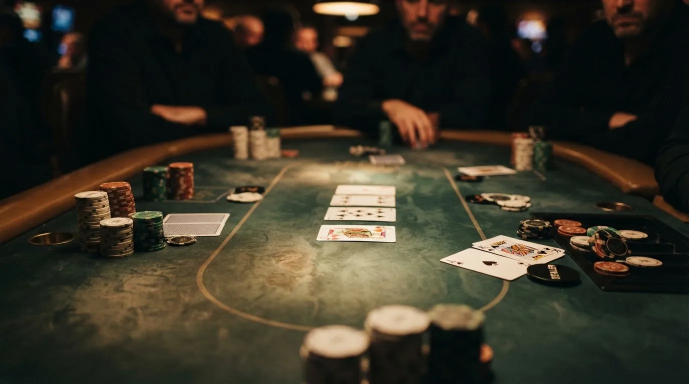 Mesa de poker en un torneo del Casino Barcelona con jugadores, fichas y cartas sobre el tapete verde