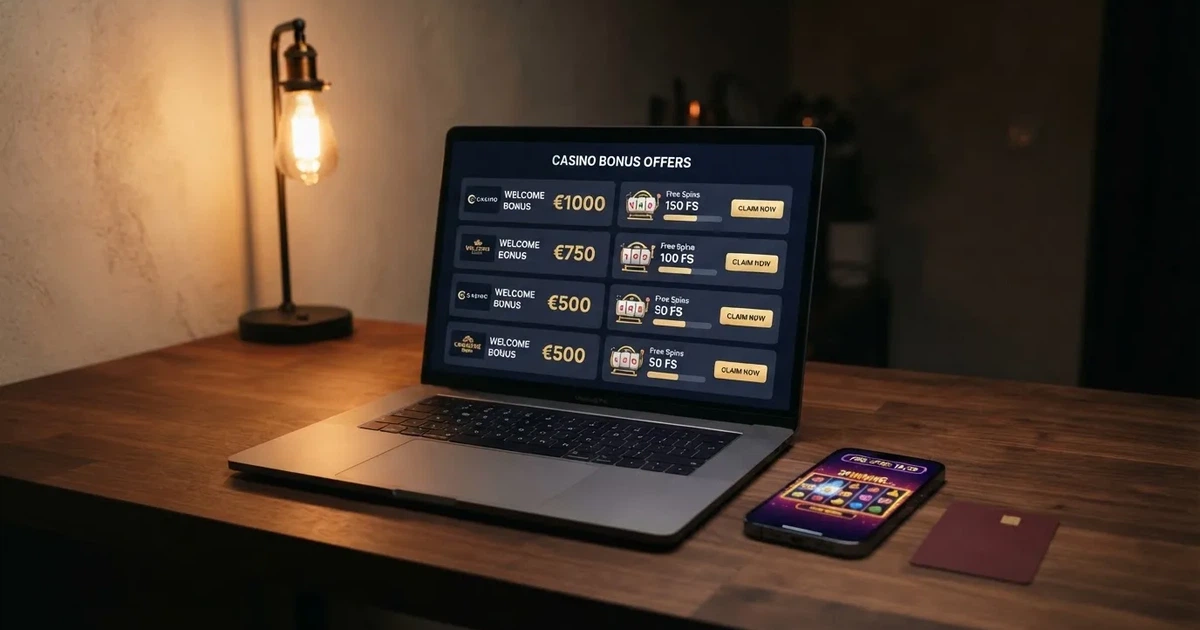 Comparativa de operadores con promociones sin depósito en una pantalla de ordenador, junto a una tarjeta de crédito y un móvil con la app de un casino