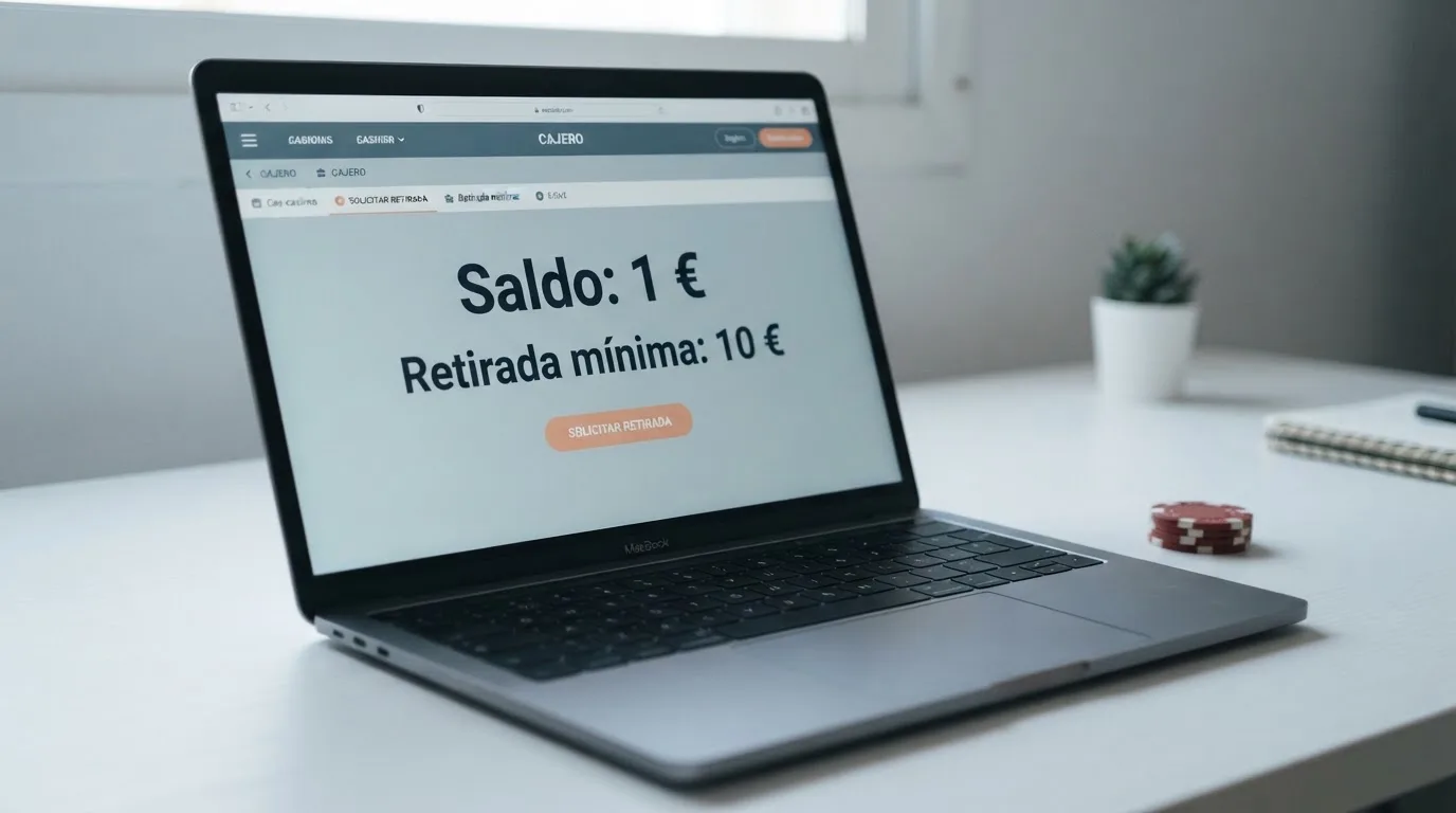 Pantalla de cajero de un casino online español mostrando una retirada mínima de 10 euros junto a un saldo de 1 euro