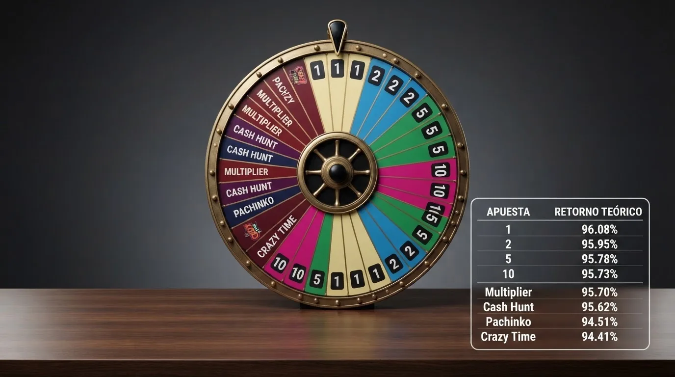 Primer plano de la rueda de Crazy Time con los segmentos de número y de bonus visibles, acompañado de una tabla con los valores de RTP de cada tipo de apuesta.