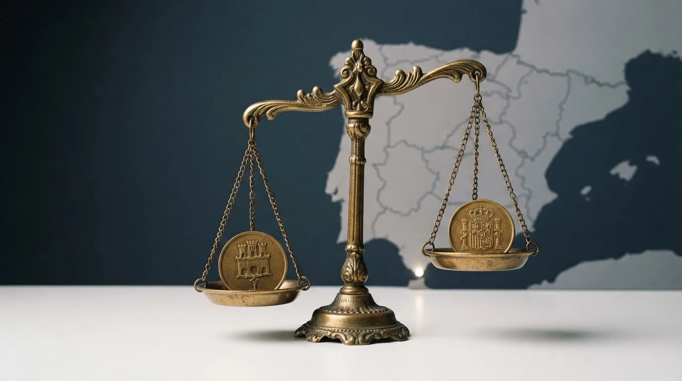 Una balanza con el escudo de la DGOJ en un platillo y el de la Gibraltar Licensing Authority en el otro, inclinándose ligeramente, sobre un fondo de mapa de España y Gibraltar
