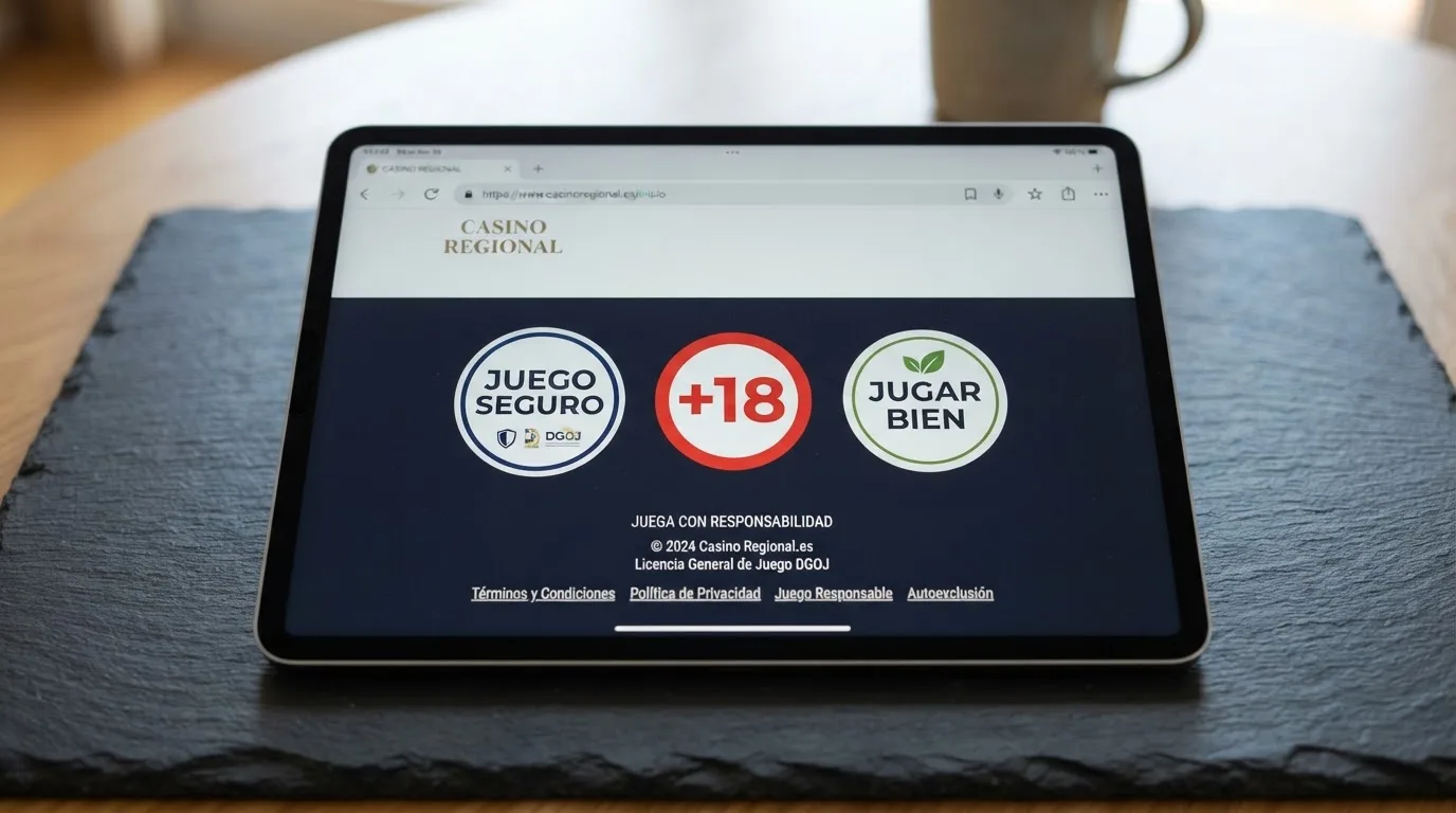 Los tres sellos oficiales de la DGOJ —Juego Seguro, +18 y Jugar Bien— mostrados en el pie de un sitio de casino con dominio .es