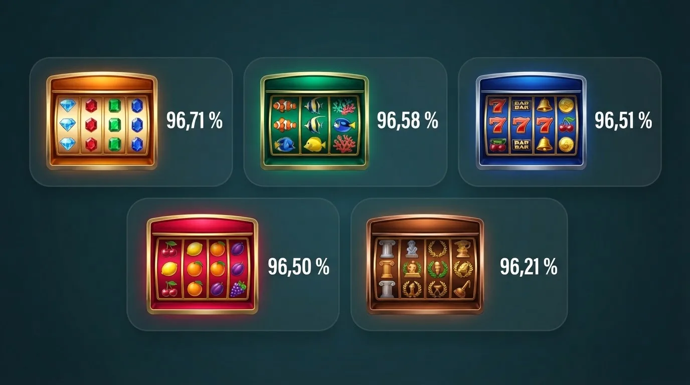 Una cuadrícula con las carátulas de Sweet Bonanza, Book of Dead, Starburst, Gates of Olympus y Big Bass Splash sobre un fondo de casino online, con sus porcentajes RTP junto a cada título