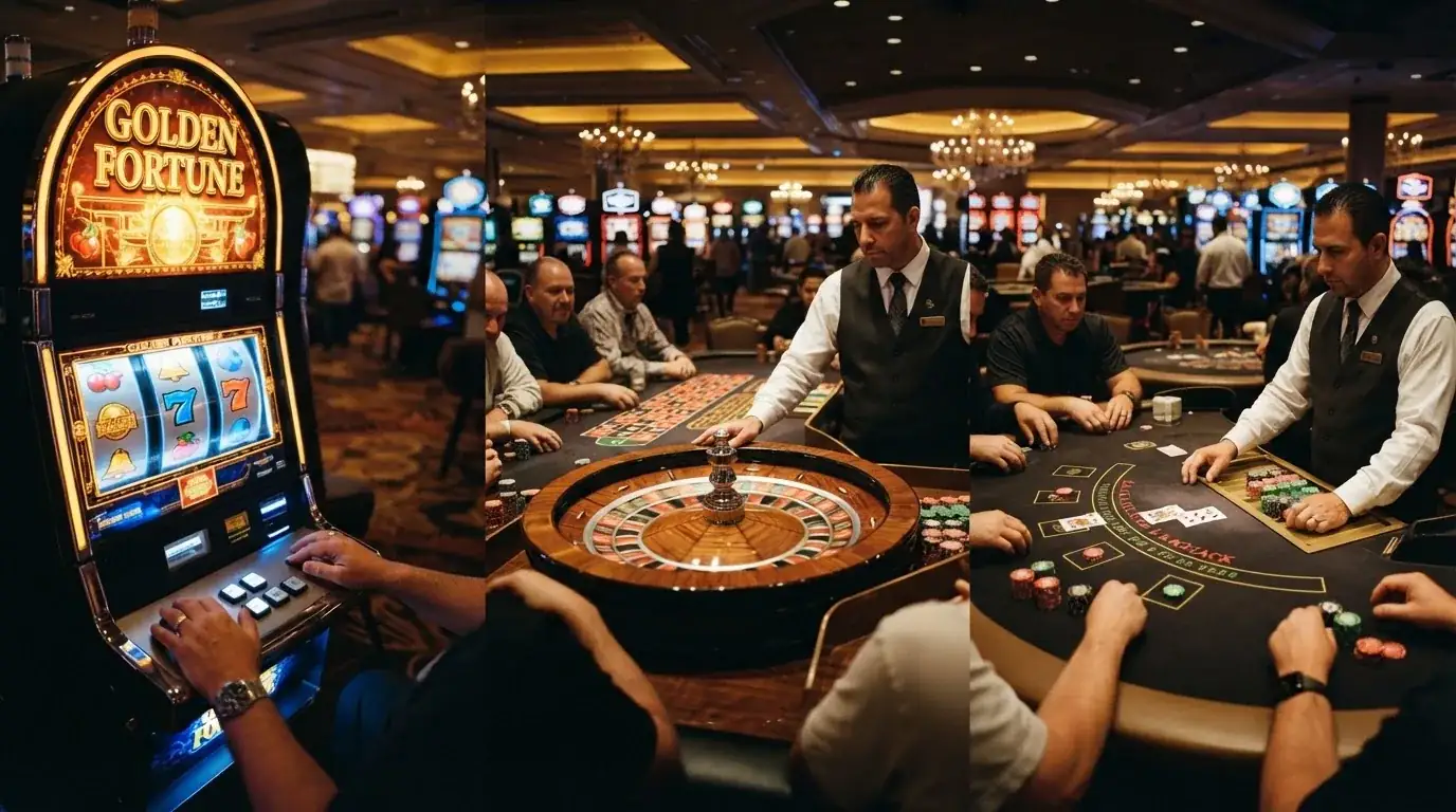 Collage de tres momentos de juego: una tragaperras con rodillos girando, una ruleta en vivo con crupier y una mesa de blackjack, todo con la interfaz del casino visible