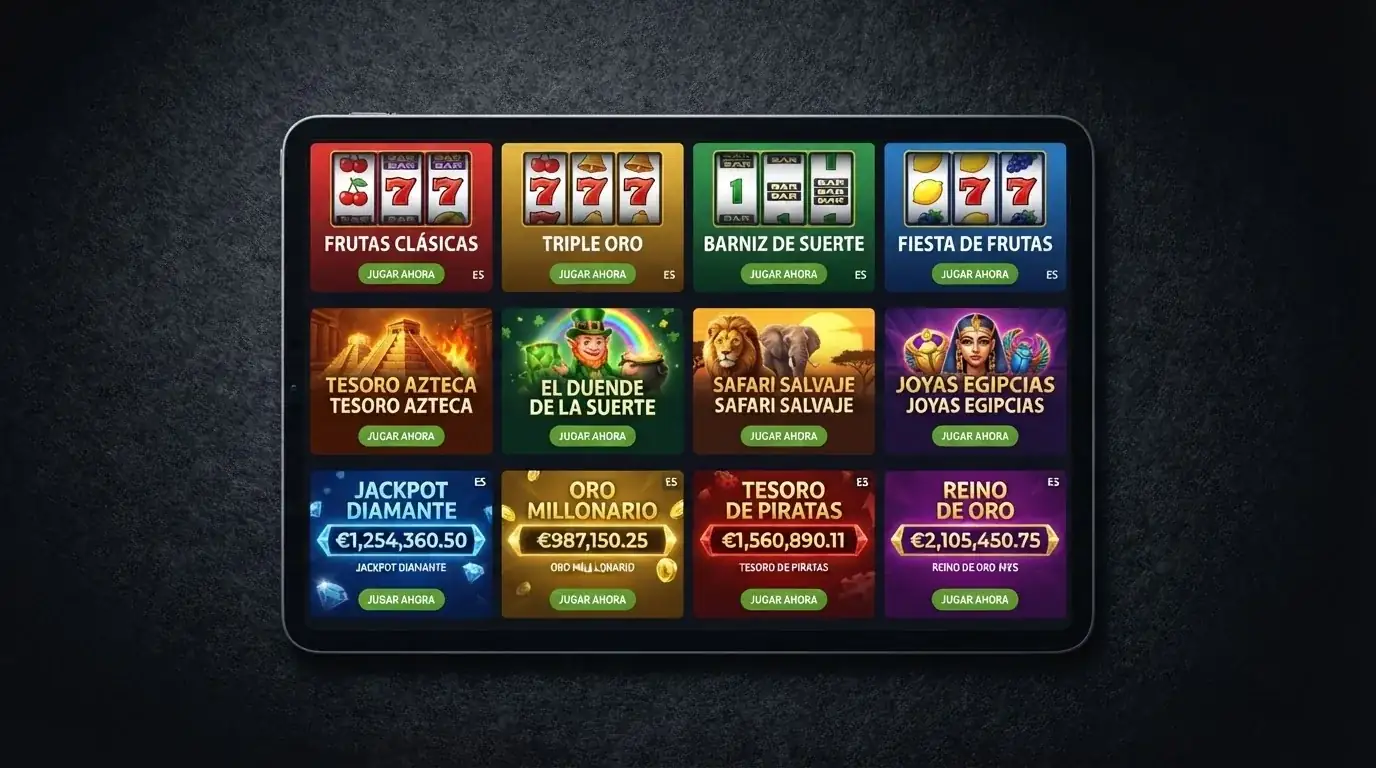 Colección de miniaturas de tragaperras online con distintos estilos: clásica de frutas, video slot moderna y progresiva con bote acumulado