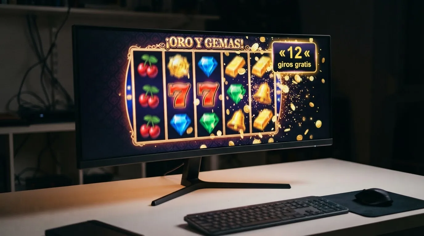 Una pantalla de ordenador mostrando una tragaperra online con el contador de giros gratis activo