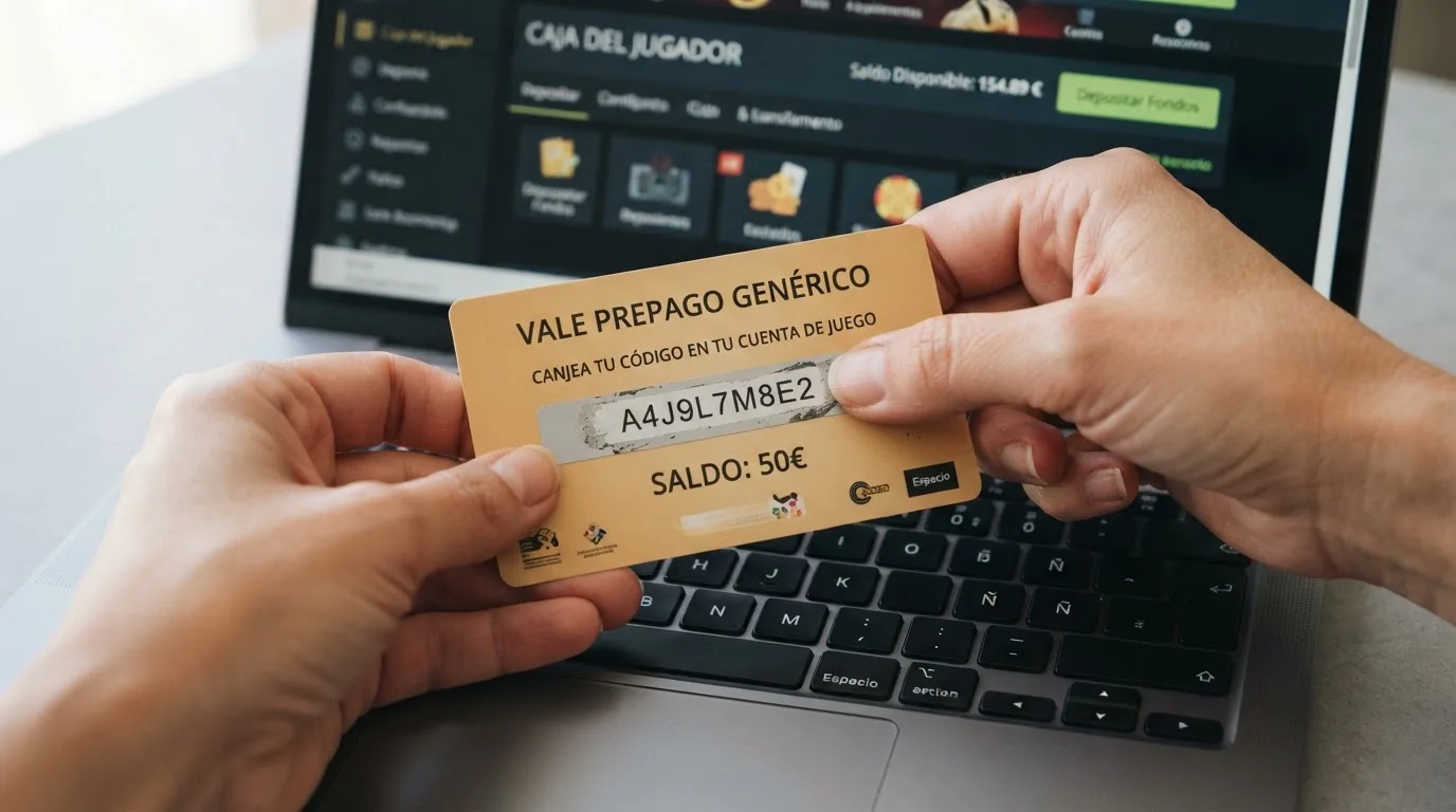 Primer plano de un vale Neosurf físico con el código de 10 caracteres visible tras rascar la banda plateada, apoyado sobre el teclado de un ordenador con la pantalla mostrando el cajero de un casino.