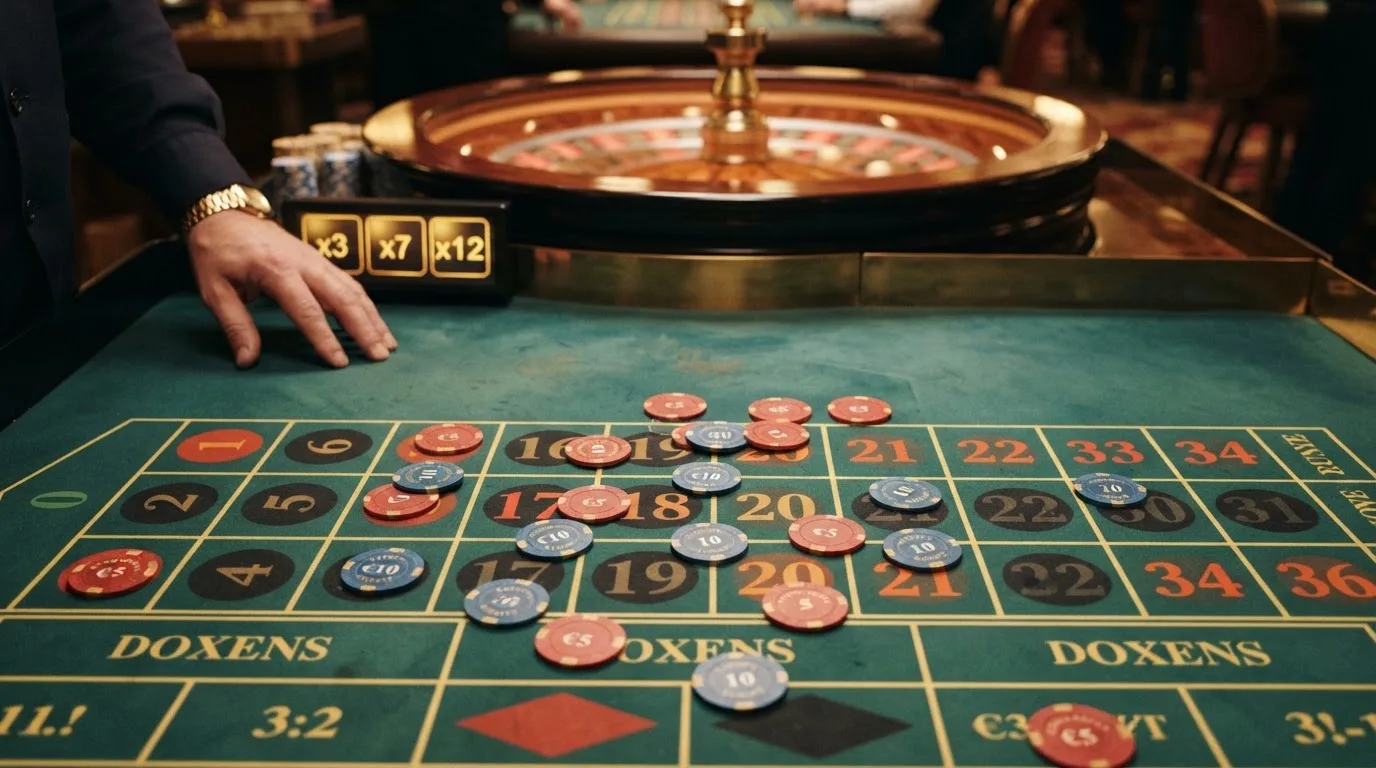 Mesa de ruleta en vivo con crupier real, primeros planos del tapete con fichas, la rueda girando y la pantalla de multiplicadores de Ruleta Relámpago