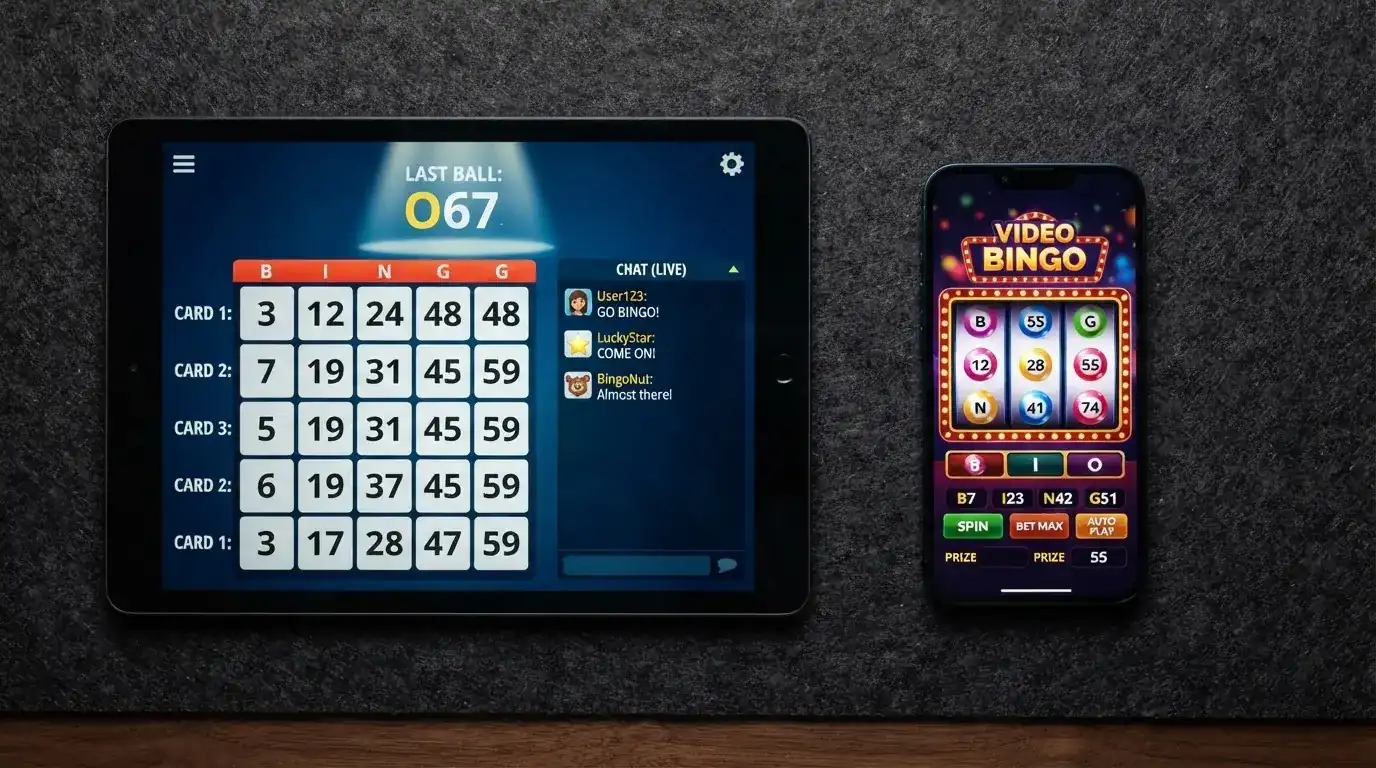 Dos pantallas de bingo online: a la izquierda una sala multijugador con chat en vivo y presentador, a la derecha una máquina de video bingo individual con rodillos y temática de cartones