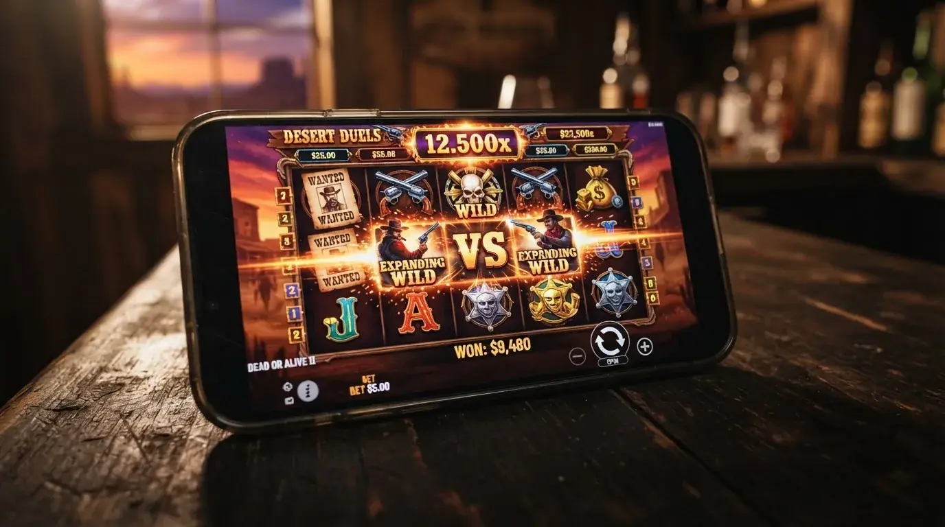 Pantalla del juego Wanted Dead or a Wild, la tragaperras más popular de Hacksaw Gaming, con sus símbolos de comodín, multiplicadores aleatorios y el marcador de premio máximo visible
